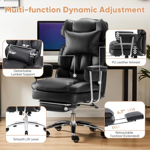 Sweetcrispy Executive Home Office Desk Chair - Ergonomic Big Tall High Back with Footrest & Lumbar Support, Reclining Height Adjustable, Comfy PU Leather Computer Gaming with Swivel Wheels, Black Sweetcrispy