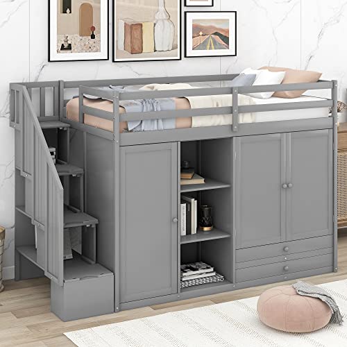 Ball & Cast Twin Size Loft Bed with 3 Shelves and 2 Wardrobes,Wooden Bedframe W/ 2 Drawers & Storage Ladder,Space Saving,Slat Support,Bedroom Furniture for Student Dorms,Guest Rooms,Gray Ball & Cast