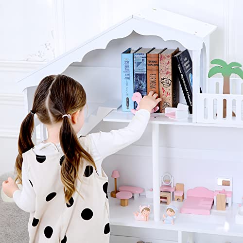 White Wooden Dollhouse Bookcase – Multi-Functional Toy and Book Storage Organizer for Kids WODENY