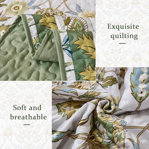 DJY Floral Quilt Set King Size, Green Brown Flower Pattern Quilts King Bedspread Coverlet Set with 2 Pillowcases, Soft Lightweight Microfiber Bedding for All Season (90"x110") DJY