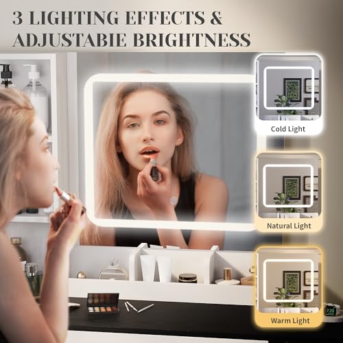 Esmlada Farmhouse Makeup Vanity Desk with Mirror and Lights, Vanity Desk Table Set with Storage Bench, Power Outlet, for Bedroom, Black Esmlada
