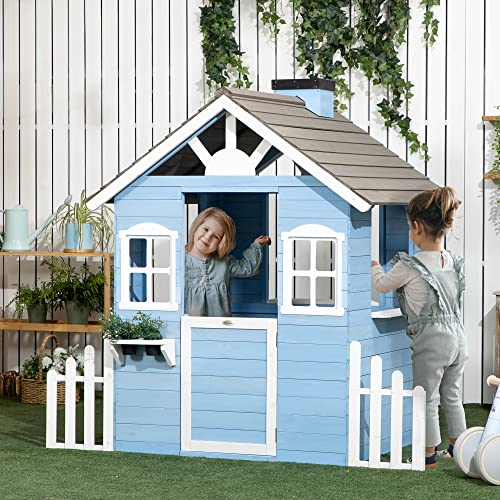 Outsunny Playhouse for Kids Outdoor, Country Style Wooden Playhouse with Flower Pot Holders, Working Door, Windows, Service Stations for 3-7 Years, Outsunny