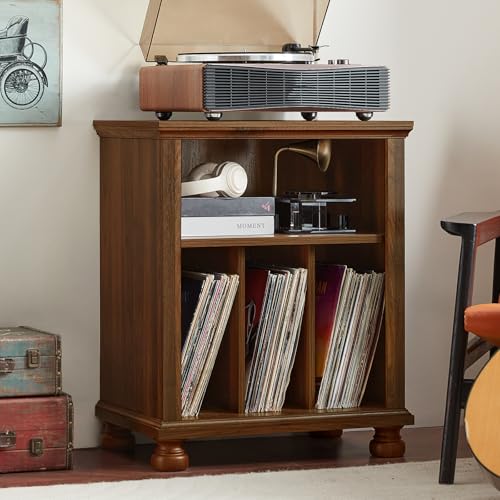 Joaxswe Record Player Stand with Vinyl Record Storage, 24" Wide Mid-Century Record Player Table Up to 200 Albums,Large Wood Turntable Stand Cabinet Dispaly Shelf for Living Room,Bedroom,Brown Joaxswe