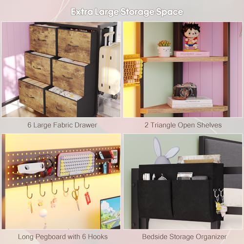 Dnxao Loft Bed with Desk Full Size,Full Size Bed Frame with 6 Storage Drawers, 2 Bedside Organizer,6 Movable Hooks,LED Lights & Charging Station,Safety Guardrail,No Box Spring Needed,Rustic Brown Dnxao