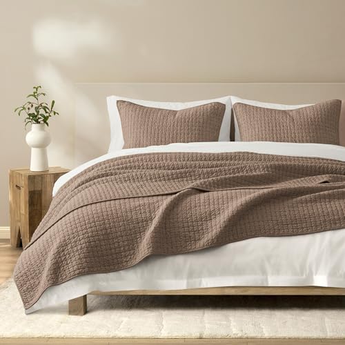 Wonderful 100% Cotton Jersey Knit Quilt - Stitch Heather Brown Mocha King Quilt with Two Pillow Shams - Soft & Breathable, All-Season Use, Hypoallergenic, Prewashed, Bedspread & Coverlet, 104"x94" Wonderful
