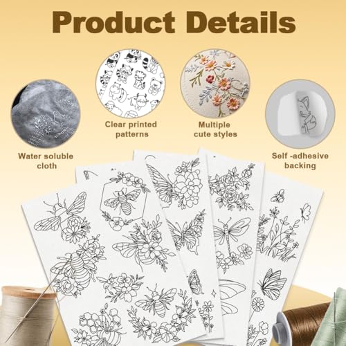18Pcs Insects Flying in Flowers Embroidery Pattern Stabilizers, 8.3"x11.7" Butterfly Dragonfly Bee Water Soluble Stick and Stitch Embroidery Sticker, 4 Sheets Hand Sewing DIY Embroidery Paper