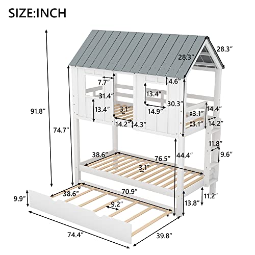 Merax Twin Over Twin Bunk Bed with Trundle,Roof and Windows,House-Shaped Wood Bunk Bed for with Built-in Ladder and Guardrail for Girls,Boys,White+Grey Merax