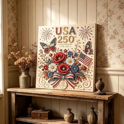 USA 250th Anniversary Beaded Floral Art Kit, Patriotic DIY Pearl Embroidery Canvas (1776–2026 Edition), US 250th DIY Pearl Beaded Floral Craft Decoration, 4th of July Diamond Painting Kit (Wreath)