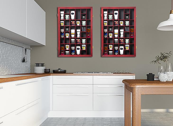 Furnishh 36 Slots Shot Glass Display Case with Lockable Door, Solid Wood Cabinet Collection Holder Wall Mounted Shot Glass Display Storage Box with Removable Shelves, 18"x26", Mahogany Furnishh