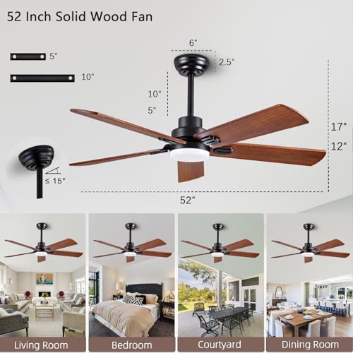 52-Inch Solid Wood with Remote Control with Light (LED) Modern DC DC Motor Indoor/Outdoor 5-Blade Ceiling Fan for Patios, Bedrooms and Farmhouses (Black + Walnut) dearnow