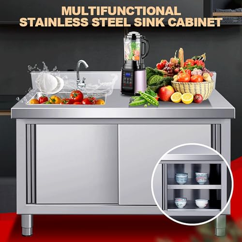 Kitchen Cabinet with Sink Laundry Sink with Cabinet Freestanding Utility Sink with Faucet Outdoor Stainless Steel Sink with Workbench and Storage Cabinet for Restaurant Laundry Room.(120x60x80cm) YHQYCGS