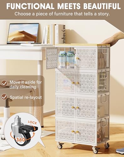 4 Tier Metal Storage Cabinet with wheels, Storage Bins with Magnetic Doors, Storage Cart for Living Room Wofufuza