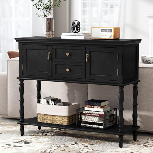 ARTPOWER Console Table with 2 Drawers, Retro Entryway Table with 2 Door Cabinets and Open Storage Shelf, Narrow Long Behind Couch Sofa Table for Living Room, Foyer, Hallway, Black ARTPOWER