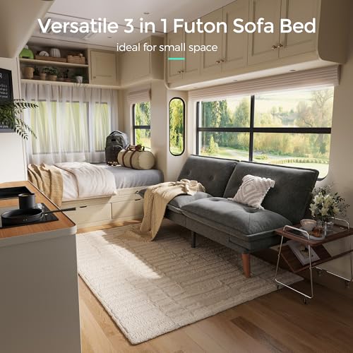 LINSY HOME Futon Sofa Bed, 70" Chenille Futon Couch with Adjustable Backrest Armrest, 3 in 1 Convertible Comfy Loveseat Sleeper Sofa Bed for Small Spaces Dorm Room Apartment Home Office, Dark Grey LINSY HOME