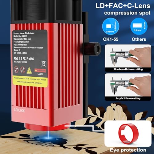 Coolook CK1-55 Laser Engraver, 5.5W Laser Engraving Machine, Laser Cutter for Wood, Metal, Aluminum, Glass, Leather, 500 mm/s Speed, 32-Bit Main Chip Control, 300x300mm Engraving Area Goeson