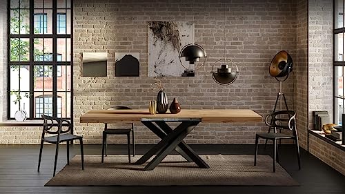 Mobili Fiver, Emma 160 Extendable Dining Table, Rustic Oak with Black Crossed Legs, Laminate-Finished/Iron, Made in Italy Mobili Fiver