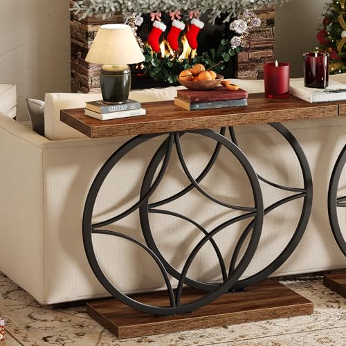 knoworld 39.4" Console Table, Industrial Entryway Table with Anti-Tilt Design, Narrow Wood Accent Sofa Table Behind Couch with Double Circle Base for Entryway, Living Room, Hallway, Foyer knoworld
