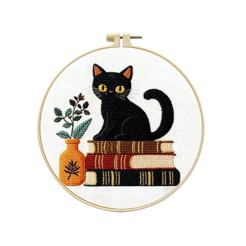 LSLFQYQSK Beginners Embroidery Kits - Cute Kitten DIY Cross Stitch Kits,Including,Stamped Flower Patterns,Hoop,Color Threads,Tools (Style C)