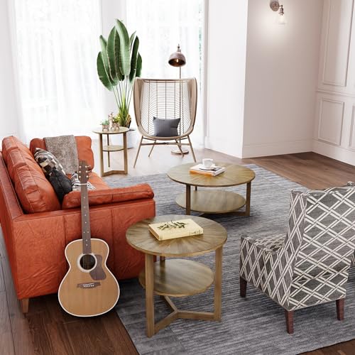 LEEMTORIG Round Wooden Coffee Table Living Room, 2-Tier Circle Round Coffee Table with Storage, Farmhouse Solid Wood Coffee Table, Yellowish Brown, KFZ-3338 LEEMTORIG