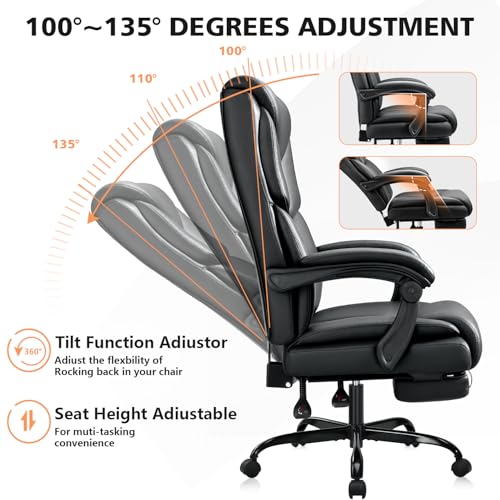 WAILOR 400lbs Office Chair with Foot Rest, Reclining Big and Tall Office Chair with Lumbar Support Spring Cushion, High Back PU Leather Computer Chair,Comfy Desk Chair for Home Office WAILOR