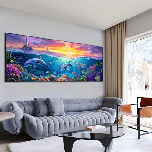 Wergund 5D DIY Large Diamond Art Kits for Adults Dolphin, Large Size Diamond Art Turtle Animal, Full Drill Crystal Rhinestone Embroidery Cross Stitch Arts Craft Canvas Home Wall Decor Gift 12x30Inch Wergund