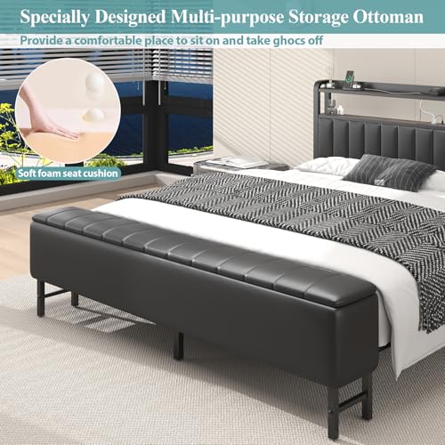 King Size Bed Frame with Star Projector & Charging Station, PU Leather Upholstered Platform with 2-Tier Storage Headboard & Storage Ottoman, Metal Support, Noise-Free, No Box Spring Needed, Black E-Motie