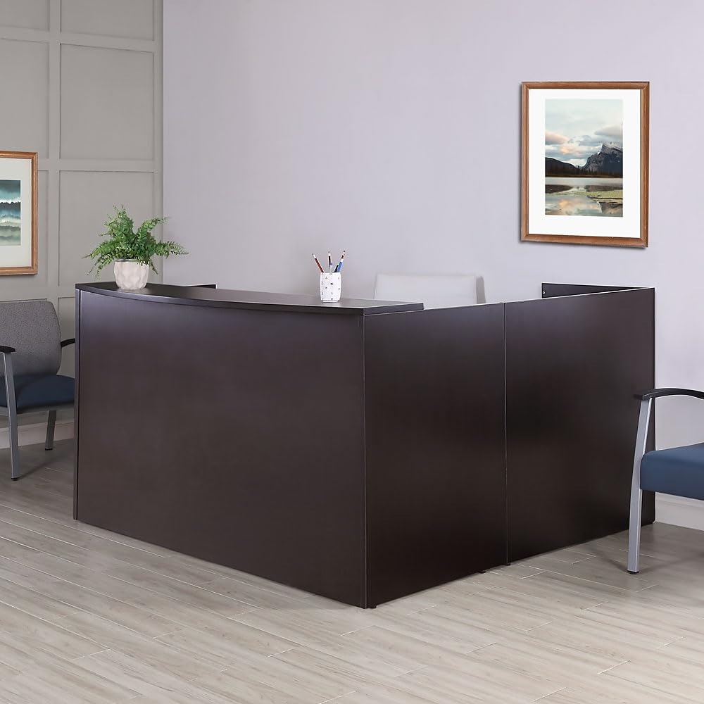 NBF L-Shaped Modern Reception Desk with Counter - 71" W x 30" D Retail Checkout Counter - Reversible Front Desk Reception Counter - Countertop Welcome Desk for Office Lobby Salon Store, Brown nbf signature series