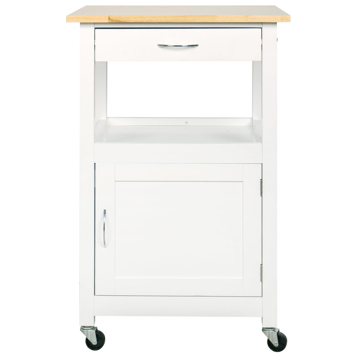 eHemco Kitchen Island Cart on Wheels with Drawer, Storage Cabinet, Shelf and Natural Solid Hardwood Top, White Base eHemco