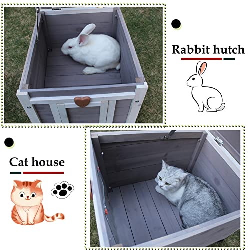 Rockever Outdoor Cat House,Outdoor cat Houses for Feral Cats Weatherproof Rabbit Hutch Small, Wooden Small Pet House and Habitats-Grey Rockever