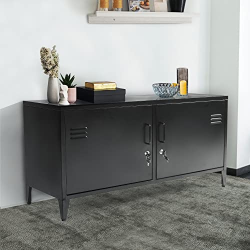 HOPUBUY Metal Storage Cabinet, Black Locker Cabinet with 2 Doors, Steel Storage Cabinet with Removable Shelves for Bedroom Home, Garage, Office HOPUBUY