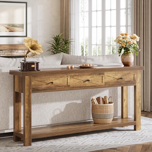 Tribesigns 70.9” Console Table with 3 Drawers, Extra Long Entryway Table for Hallway, Living Room, Narrow Sofa Table Behind Couch with Storage Shelf, Rustic Brown Wood Foyer Furniture Tribesigns