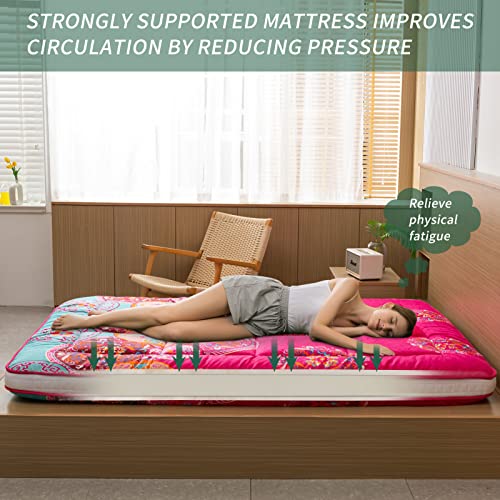 MAXYOYO Bohemian Style Futon Mattress, Padded Japanese Floor Mattress Quilted Bed Mattress Topper, Extra Thick Folding Sleeping Pad Breathable Floor Lounger Guest Bed for Camping Couch, Red, Queen MAXYOYO