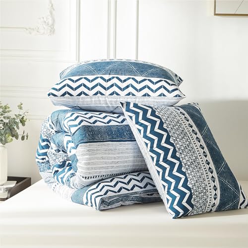 BOLINLIVING Twin Comforter Set Kids, Boho Stripe Comforter Set Twin Size, Twin Bed in a Bag Soft Bohomian Bedding Lightweight Breathable for All Seasons (Blue 66×90 inch) BOLINLIVING