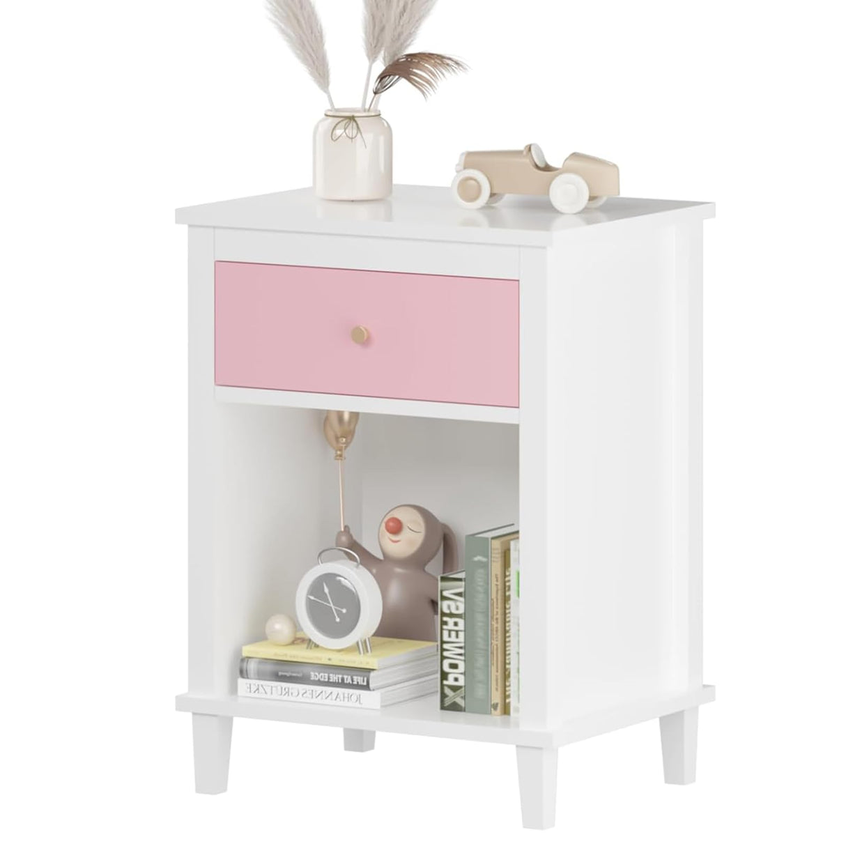 kikiumi White Nightstand,Night Stand with Pink Drawer,2-Tier Bed Side Table with Storage,Wood Bedside Table,Small Night Stands for Bedrooms Modern/Simple (1,Pink) kikiumi
