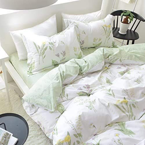 FADFAY Farmhouse Premium Shabby Green Daisy and Botanical Lavender Flowers 100% Cotton Bedding Set King Duvet Cover Set with Hidden Zipper Closure 3-Piece:1 Duvet Cover & 2Pillowcases FADFAY