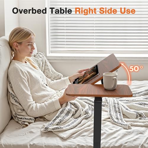 NEWBULIG Overbed Bedside Table Adjustable with Wheels, Small Rolling Standing Desk Portable Laptop PC Desks Side Computer Tray Stand Up with Tilting Top & Gas Lift for Home Office and Bedroom Brown NEWBULIG