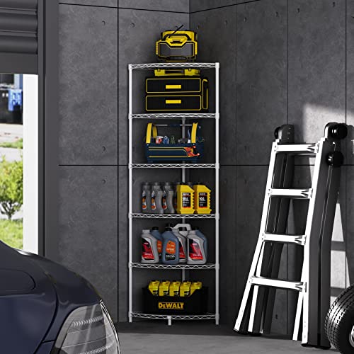 6-Tier NSF Metal Corner Shelf Wire Shelving Unit - 420lbs Capacity, Adjustable, with leveling feet & Shelf Liners - Ideal for Garage, Kitchen, and More - 18" L x 18" D x 72" H - Fan-Shape - White pouseayar