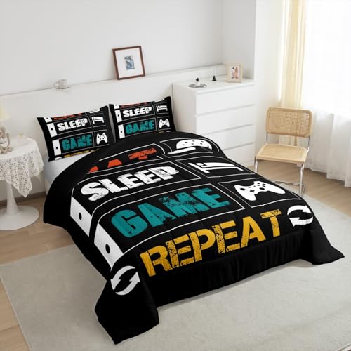 Boys Gaming Comforter Sets for Kids Twin Size Gamer Bedding Set Teens Video Games Comforter Duvet Room Decor Funny Creative Eat Sleep Game Repeat Design Reversible Inner Fill Quilt Set All Season Feelyou