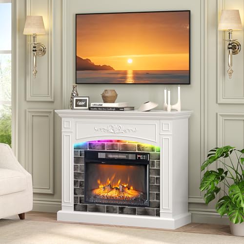 VINGLI 43'' Fireplace TV Stand for up to 55 inch TVs, Electric Fireplace with Mantel, Modern Entertainment Center with Adjustable LED Lights Strips, White Fireplace for Living Room & Bedroom, White VINGLI