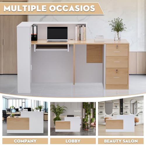 L-Shaped Large Wooden Reception Desk, Modern Front Desk Reception Counter with Lockable Drawers & Storage & Keyboard Tray, for Checkout, Lobby (Right-Natural Wood/White, 71''L x 42''W x 41''H) Yorkgargen