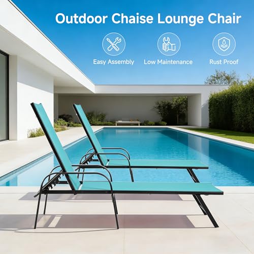DUMOS Outdoor Lounge Chaise, 5-Position Aluminum Chaise Lounge with Armrests, Sun Tanning Chair 350 lbs Heavy Duty Patio Pool Chair, Waterproof Sun Lounger for Deck, Backyard, Beach & Poolside, Blue