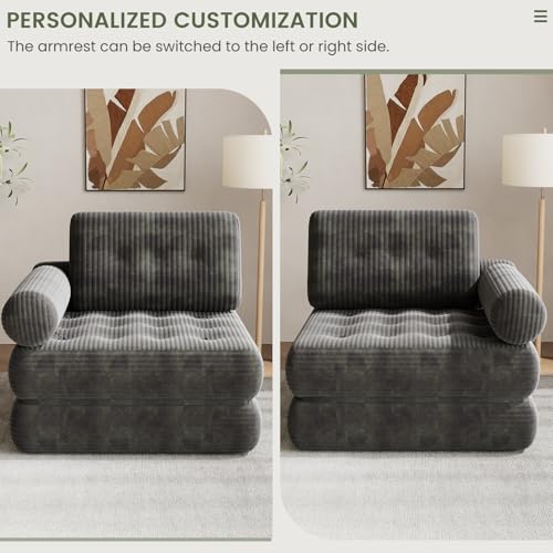 DSNAPE 35" Folding Sofa Bed, 5-in-1 Convertible Sleeper Chair Floor Mattress with Removable Armrest, Boneless Couch in a Box Fold Out Futon Lounge Chair Bed for Dorm Bedroom Small Space - Grey, Single DSNAPE