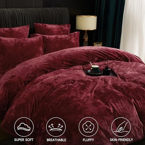 PHF Truly Velvet Duvet Cover Set King Size, 3pcs Ultra Soft Breathable Comforter Cover Set, Luxury Cozy Flannel Duvet Cover with Pillow Shams Bedding Collection, 104" x 90", Wine Red PHF