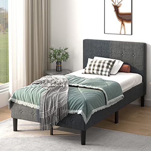 GORELAX Upholstered Twin Bed Frame with Headboard, Solid Wood Slat Support Mattress Foundation, No Box Spring Needed & Easy Assembly, Under Bed Storage, 16 inch Tall Platform Single Bed Frame (Grey) GORELAX
