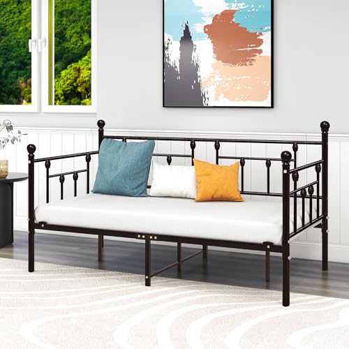 HOMERECOMMEND Metal Daybed Frame Twin Metal Slats Platform Base Box Spring Replacement Bed Sofa for Living Room Guest Room (Twin, Black Sanded) HOMERECOMMEND