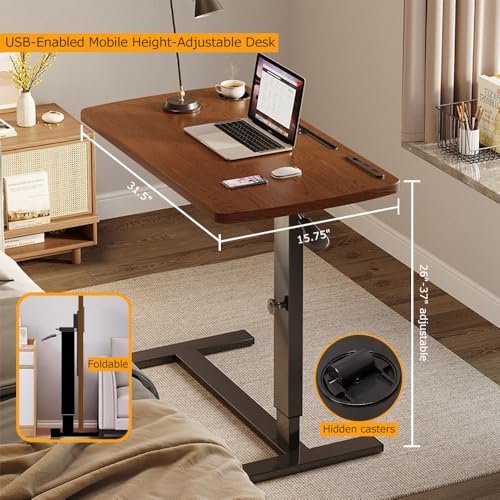 Over Bed Table Pneumatic Adjustable Height Stand Desk with Hidden Casters Foldable Mobile Laptop Computer Standing Desk with USB Ports Pad Generic