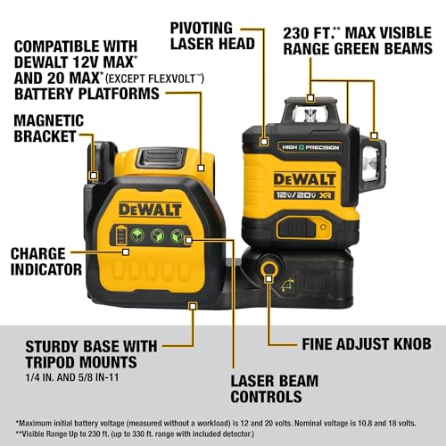 DEWALT 12V/20V MAX XR Line Laser, High Precision 3 X 360, Green, Battery and Charger Included (DCLE34033D1) DEWALT