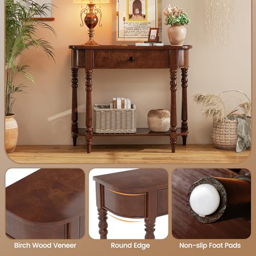 Giantex 2-Tier Console Table, 36" Retro Entryway Table with Storage Drawer & Elegant Legs, Narrow Wooden Sofa Table with Open Shelf for Living Room, Foyer, Hallway, Bedroom, Entrance (Brown) Giantex