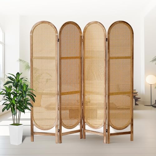 Asnefeli 4 Panel Room Divider, Double Hinged Foldable Wooden Room Divider, Individual Privacy Screen Made of Hand-Woven Rattan, Portable Wall Divider for Home Office Bedroom Bathroom (Natural) Asnefeli