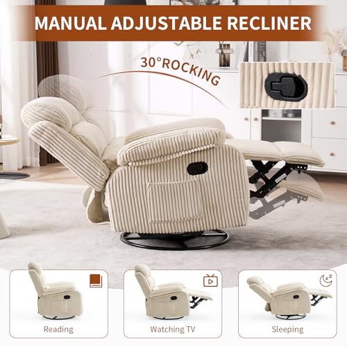 Adult 360° Rocking Recliner Chair,Nursery Rocker Reclining Chair with Side Pocket, a Comfy upholstered Single Sofa Armchair. Suitable for Living Room, Bedroom Nursing use, Velvet Fabric in Beige